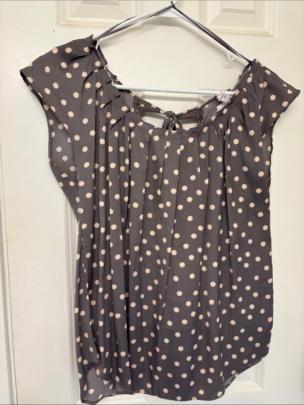 LC Lauren Conrad Taupe Polka Dot Cap-Sleeve Blouse - Cream Dots